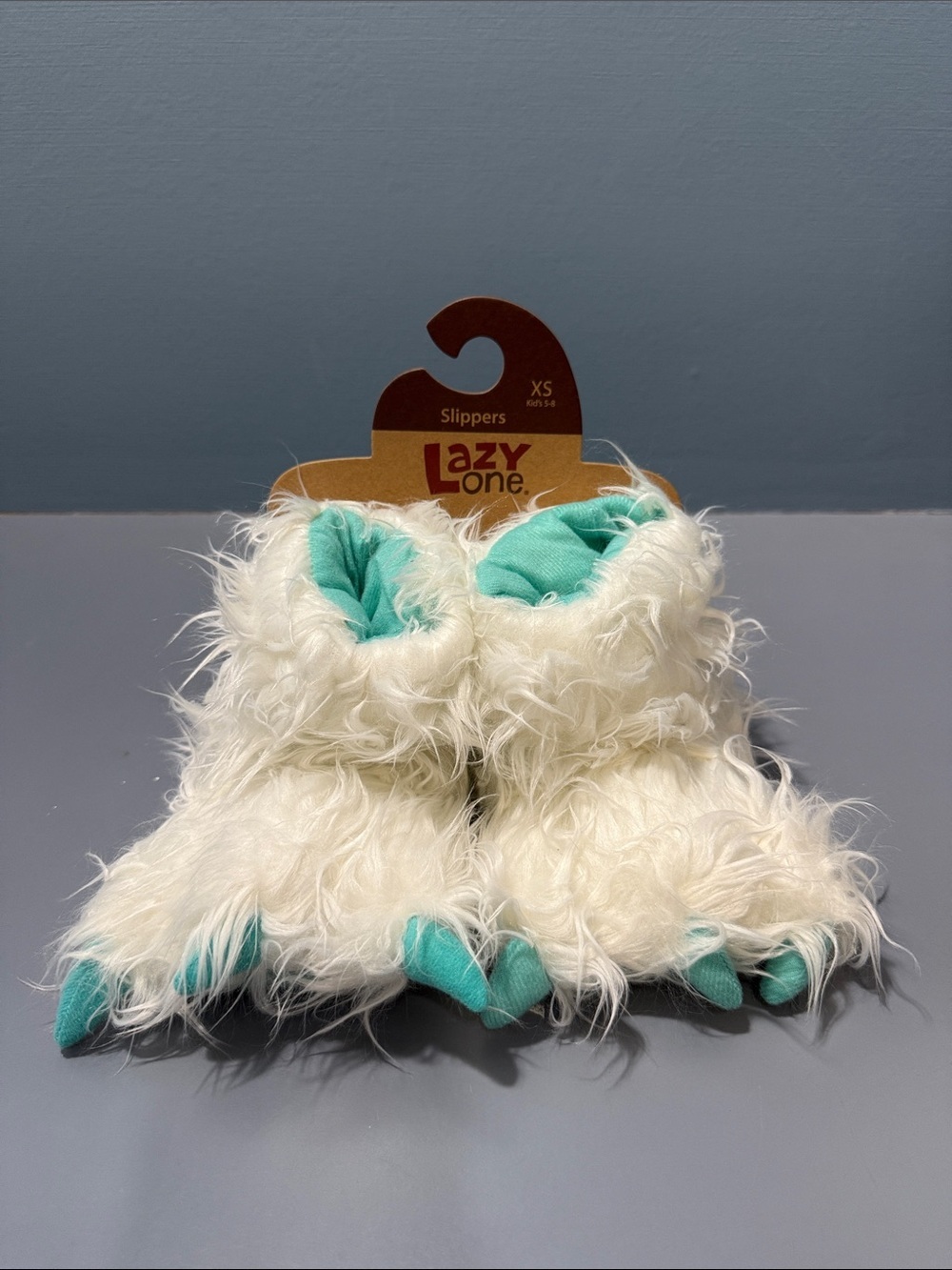 Lazy One White Fuzzy Monster Bootie Slippers with Teal Accents